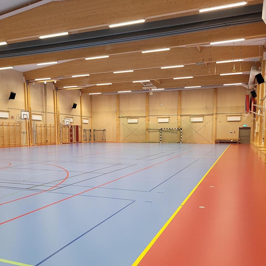 idrottshall med ribbstolar och färgade streck på golvet, basketkorgar