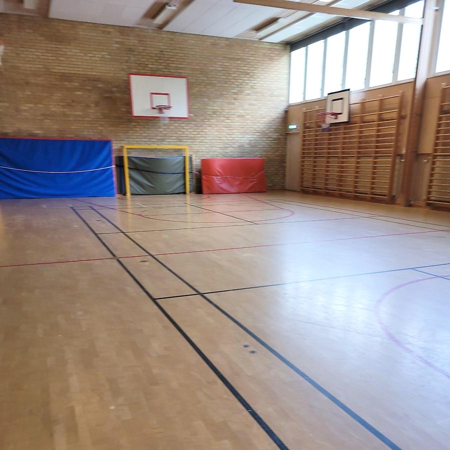 Gymnastiksal med basketkorgar, ribbstolar och tjockmattor på väggarna