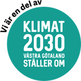Rund cirkel i turkos färg där det står: Vi är en del av Klimat 2023 - Västra Götaland ställer om