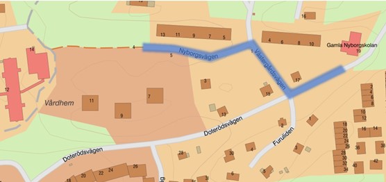 Kartbild som markerar arbetsområde på bland annat Nyborgsvägen