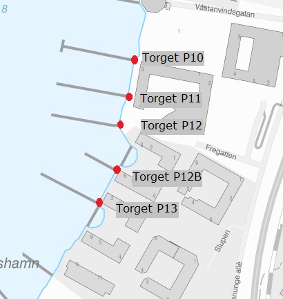 Karta över båtplatser P10 till P13